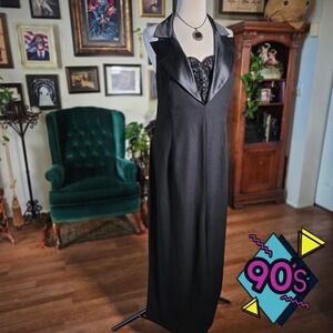 Vintage 90s Ever Beauty Black Satin Evening Gown Maxi Formal Prom Dress